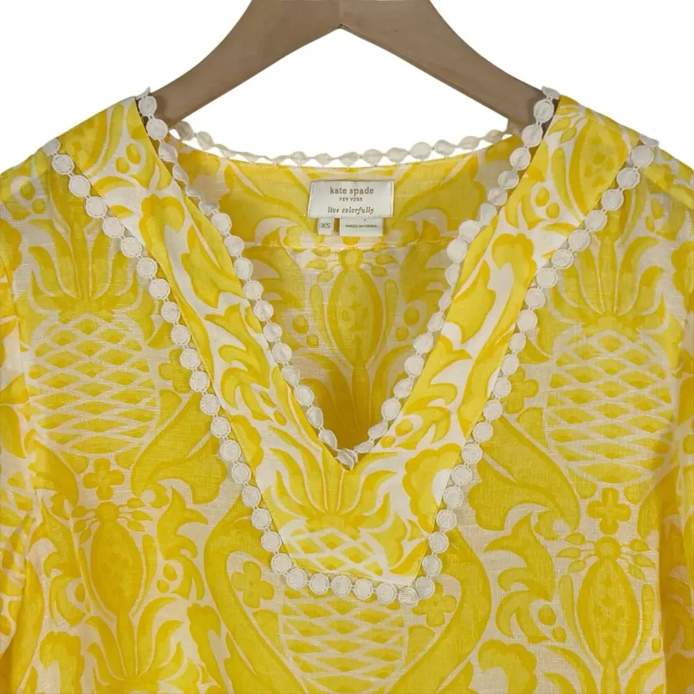 Kate Spade Yellow Pineapple Print Linen and Silk Blend Tunic Dress Size XS